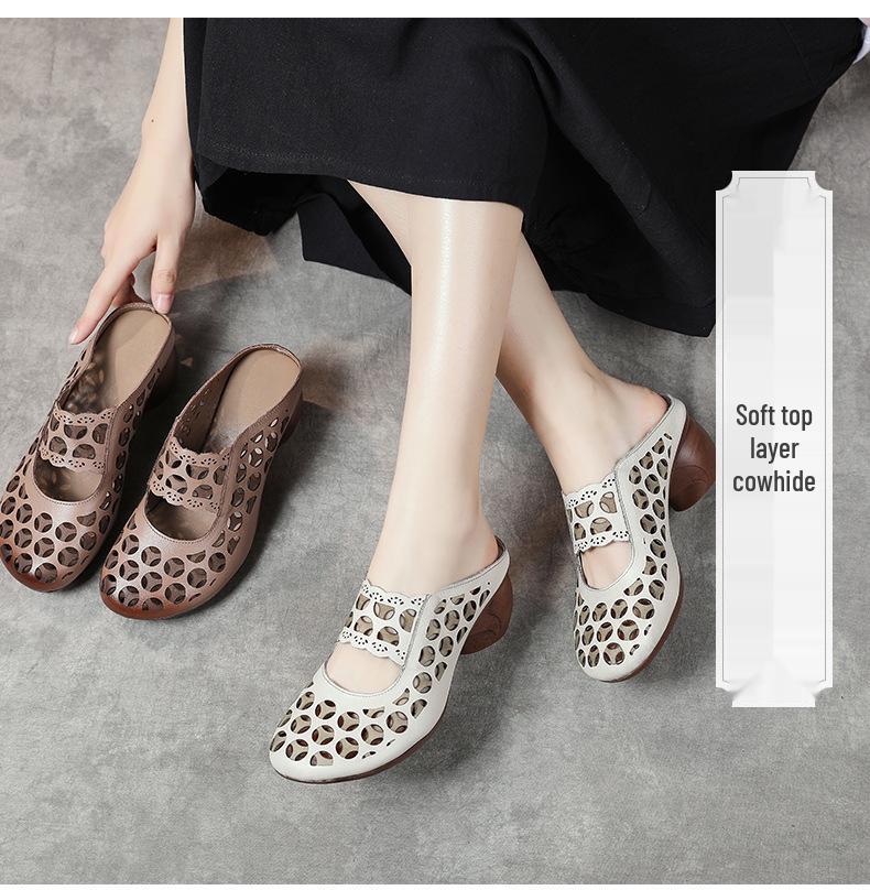 Baotou Women's Genuine Leather Mid-Heel Ethnic Style Slippers - Summer 2025 Hollow Soft Sole Sandals