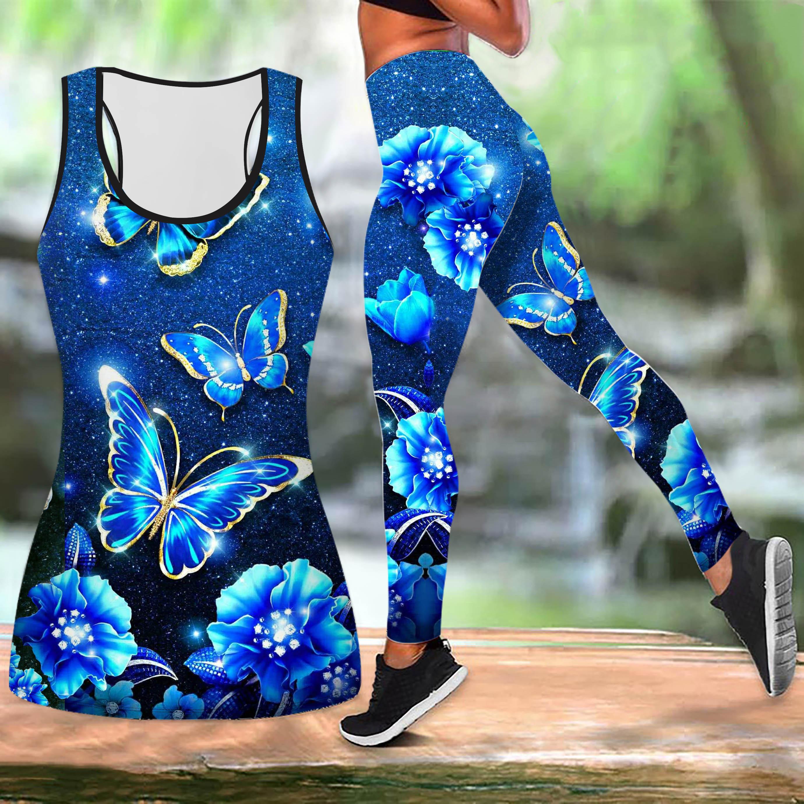 

Наряд для йоги с принтом бабочек в лунном свете для женщин, модные леггинсы для тренировок, фитнес, спортивный повседневный комплект для йоги, спортивный костюм M синий