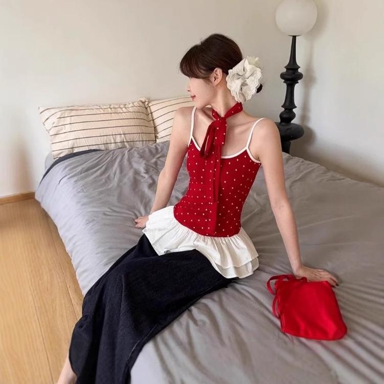 2025 Summer Women's Polka Dot Ruffle Cami with Bow - Trendy and Slimming