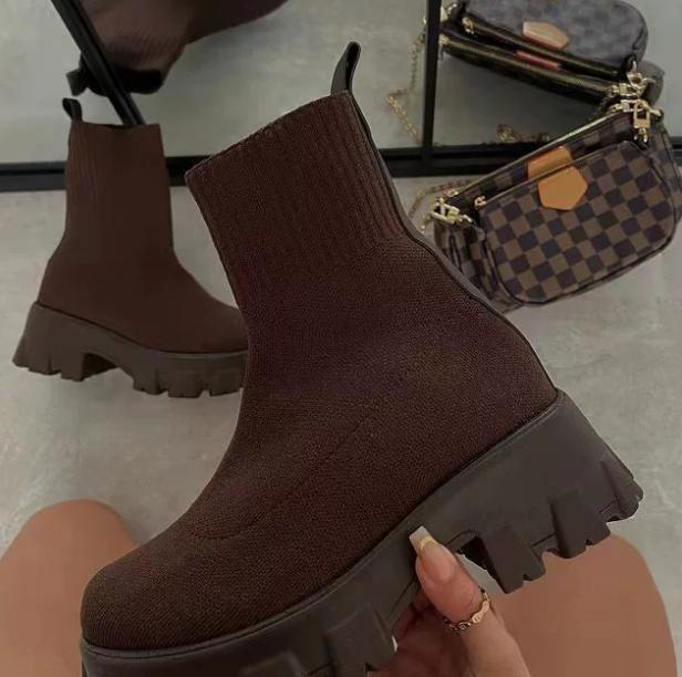 Fashion Women's breathable flat boots, women's sock shoes, casual wedge heels, thick soles, spring fashion