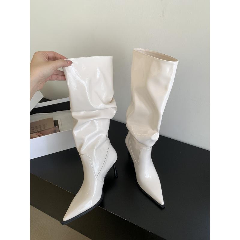 2025 autumn and winter new fashion high-heeled pointed temperament stacking boots long boots fashion patent leather thin boots show