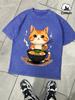 Kitten Who Likes To Eat Lamian Noodles Snow Washed TShirt Mans Cotton Tee AllMatch Retro Clothing Unisex ONeck Loose Top