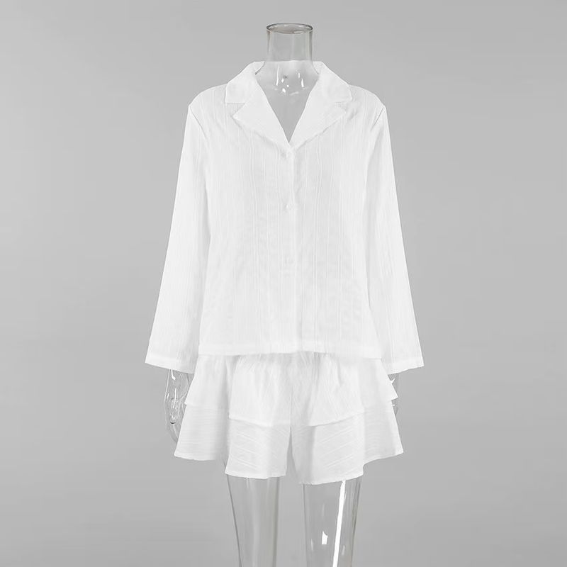 

Fashion Wind New Arrival Pure Cotton Breathable Pure Color Long Sleeves Shirt Shorts Two-piece Set Shirt and Shorts Set White M