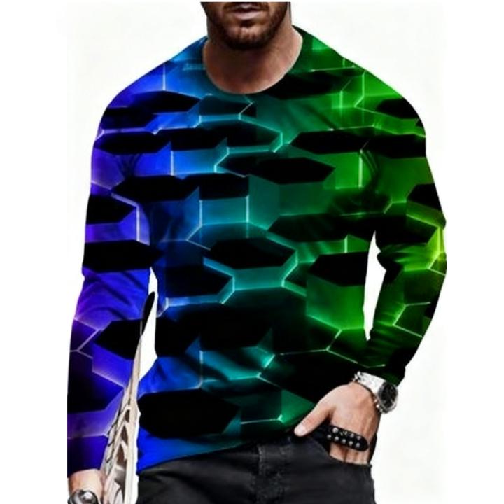 Spring and Autumn Round Neck 3D Abstract Art Printed Top Fashionable Casual Long Sleeved Men's T-shirts