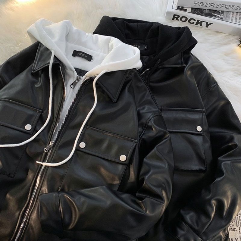 Y2k Fake Two Piece Hooded Leather Jacket Women's Autumn Winter New Ins Fashion Design Coat American Retro Casual Loose Couple Clothes