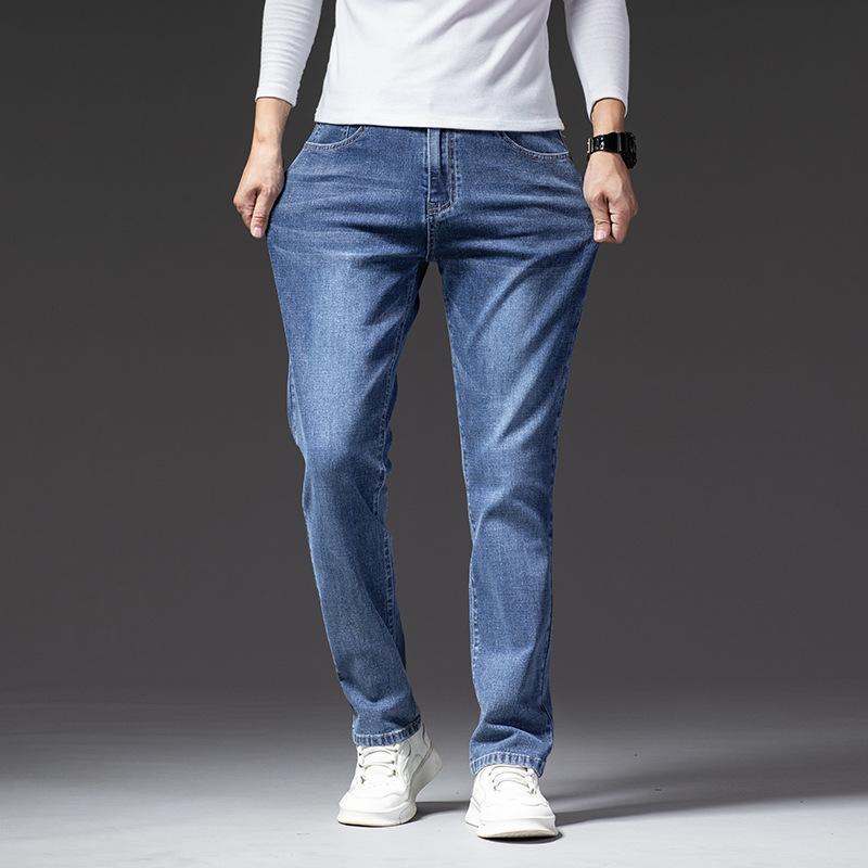 Autumn Mens Jeans Loose Fit Business Straight Full Lenght Jean Casual Denim Trousers Elasticity Stretch Pant