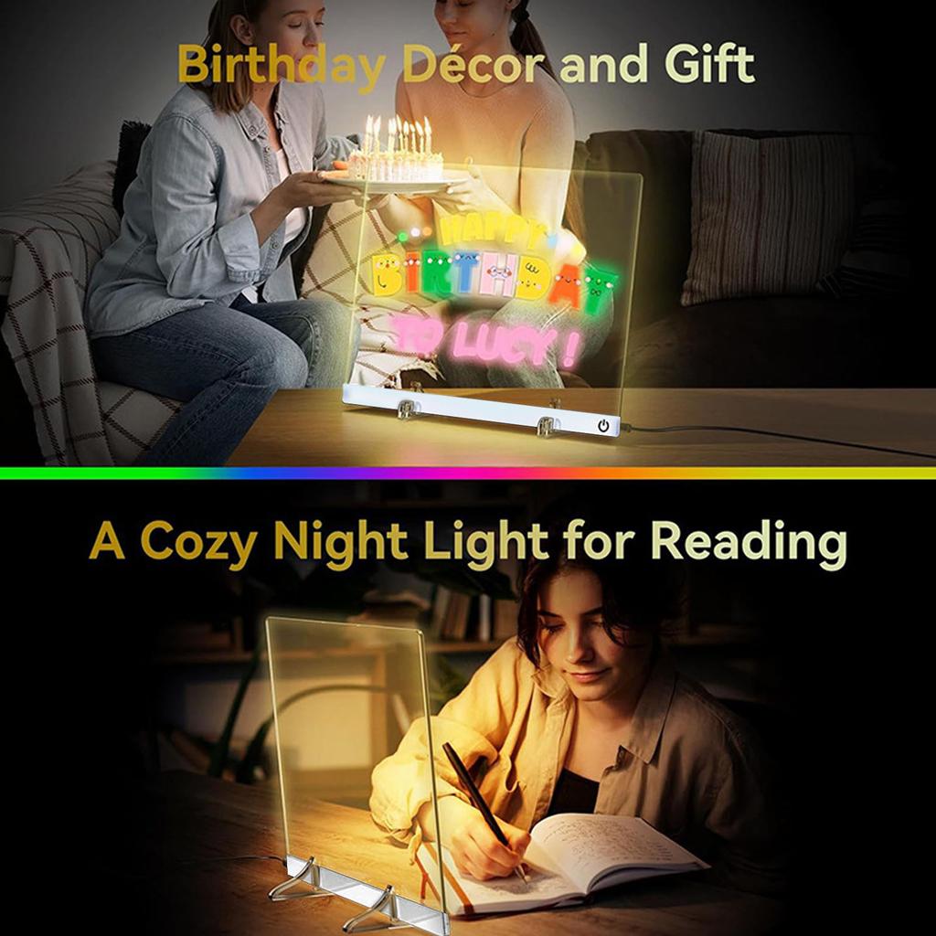 LED Note Board 7 Colors Acrylic Dry Erase 4 Modes Drawing Writing Light Up Message Glow Rewritable Memo Board 11.8x8in with 7 Marker Pens Stand
