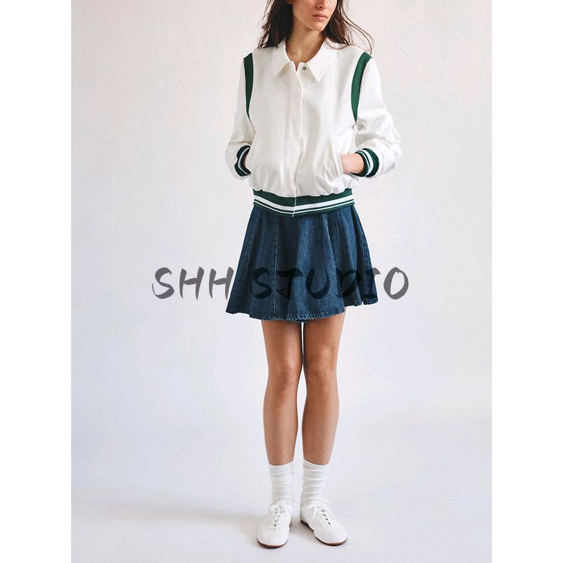 Spring New Women's Clothing American Retro All-Matching Turn-down Collar Long Sleeve Contrast Color Detail Rib Outwear 5030731