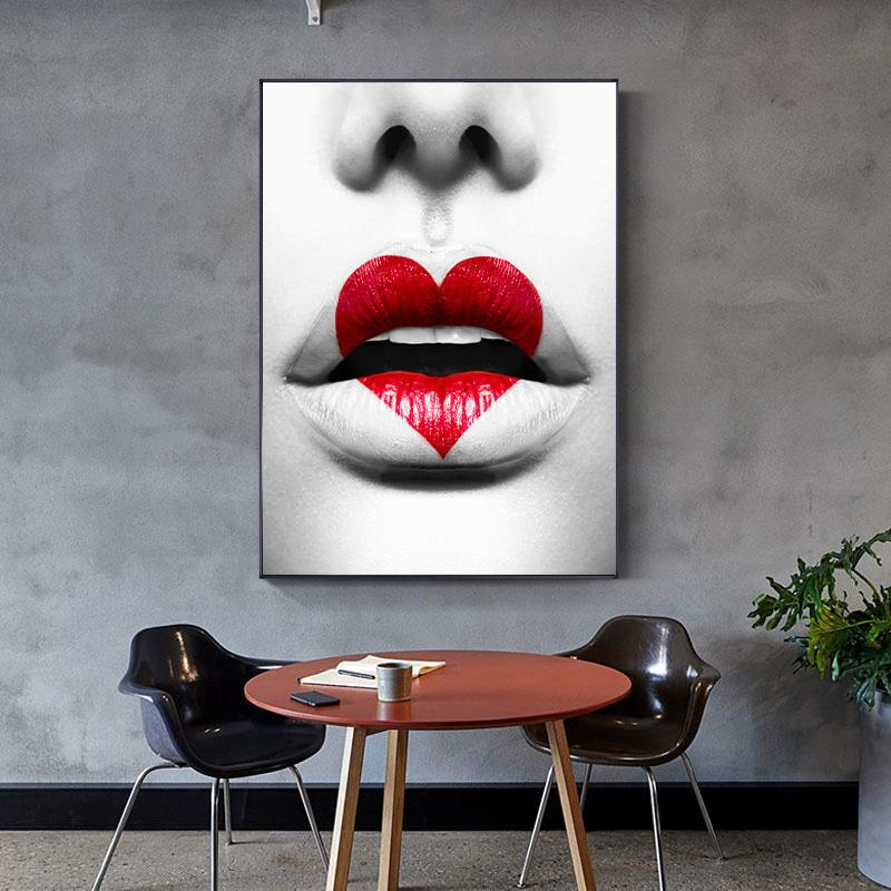 Wandkunst Bedruckte Leinwand Mädchen Rote Lippen Wandbilder Frauenfigur Poster Gemälde Wohnzimmer Zuhause Bilder Dekoration Cuadros