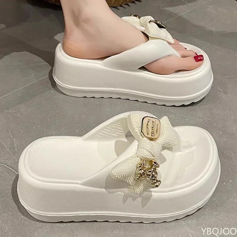 New EVA high-heeled flip flops Female Cute Bow Slippers Small outdoor clip on shoes Thick soled casual women's slippers