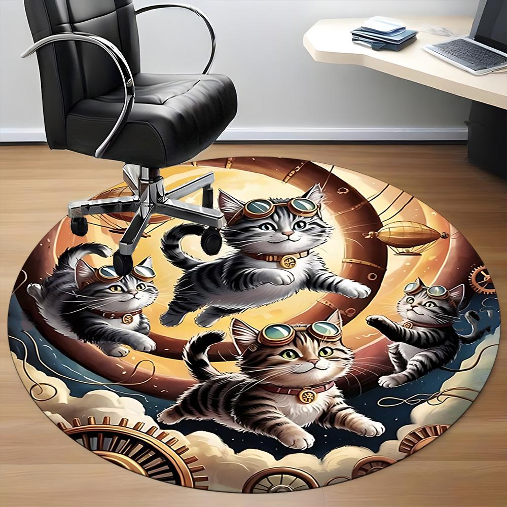 1pc Steampunk Cats Office Round Rug, Non-slip, Soft and Durable Office Rug for Interior Decoration, Perfect for Office, Beautiful Decoration Yy2603230
