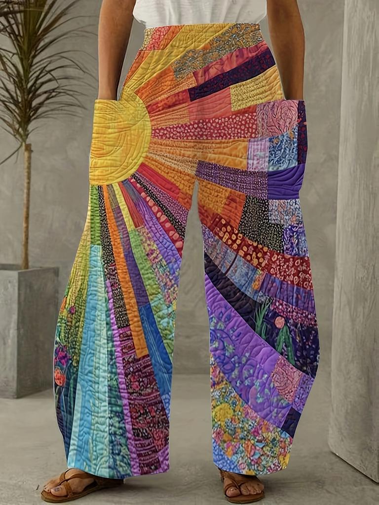 Women'S Hippie Art Painting Print Loose Pocket Wide Leg Pants
