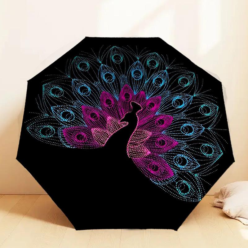 1pc Peacock Feather Automatic Folding Umbrella 8 Rib Iron Frame,  Suitable for Travel, Daily Use, Birthday, Women & Men Gift