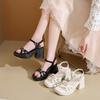 Fashion Square Heel Sandals Summer New Round Head Metal Buckle Cross Thin Belt Waterproof Platform Anti-slip Wear-resistant High Heels