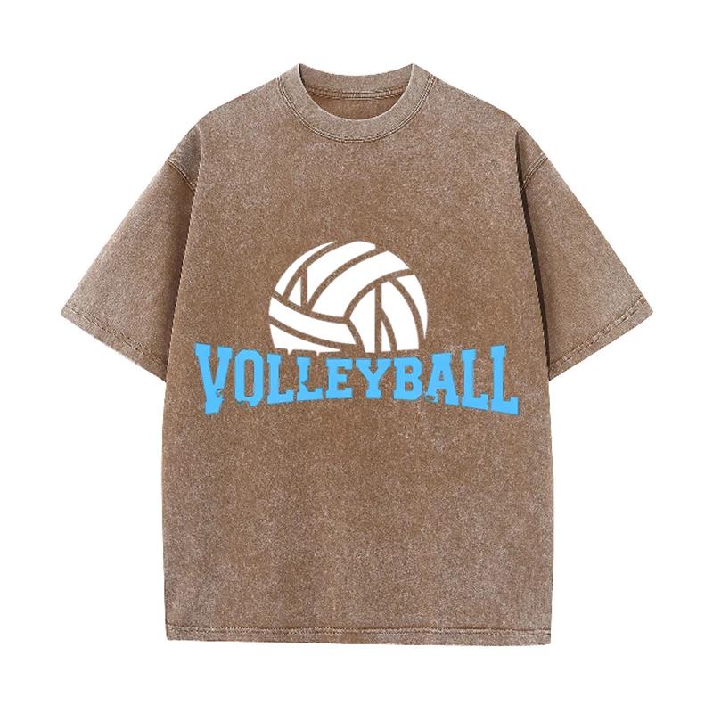 Volleyball Print Vintage Washed Black T Shirt Men Sports Casual Short Sleeve Tee