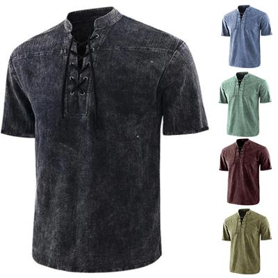 Maglietta da uomo con scollo a V, manica corta, semplice, con lacci, casual, camicetta