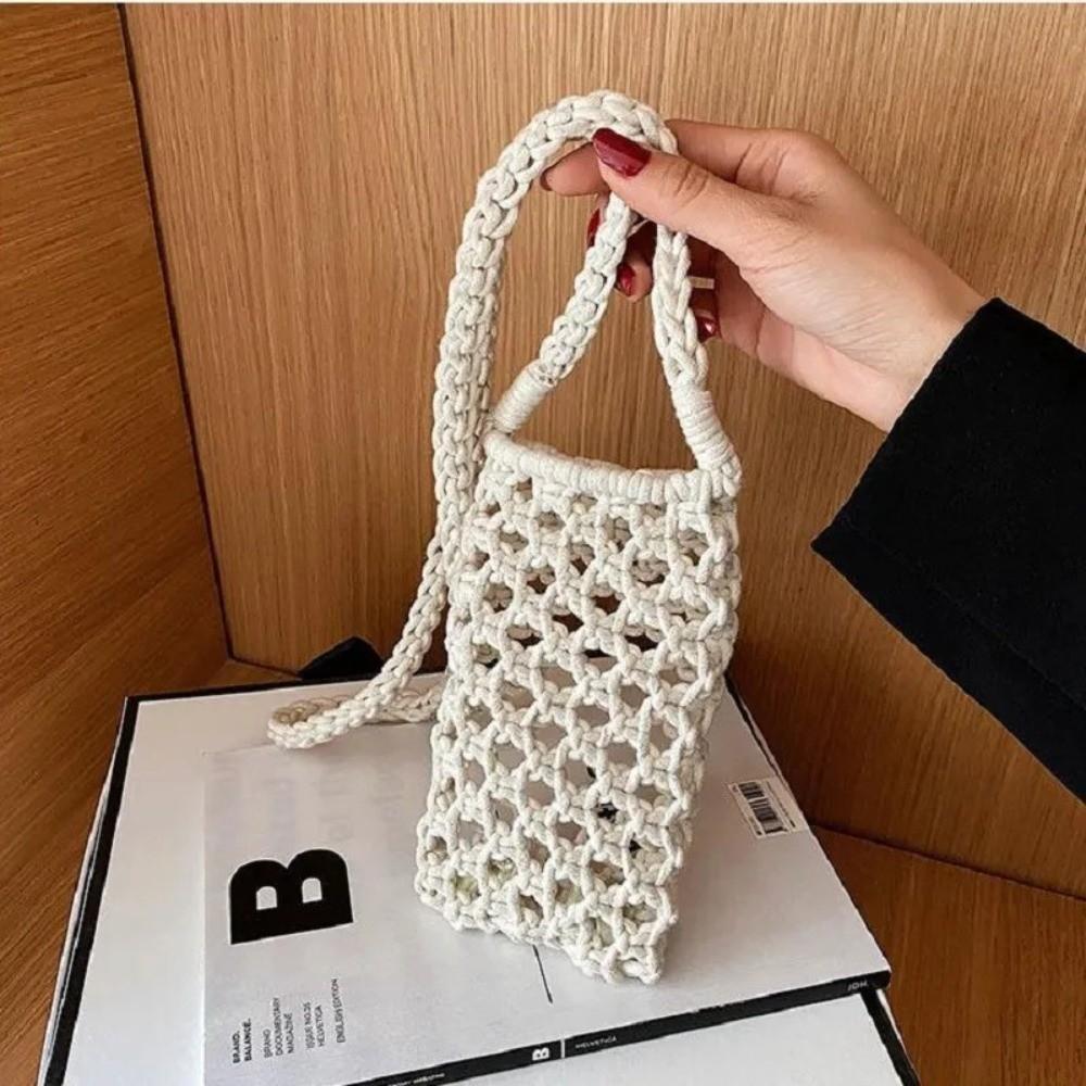 Fashion Portable Phone Purse Hollow-out Woven Solid Color Shoulder Handbag Crochet Lightweight Mobile Phone Bag Gifts
