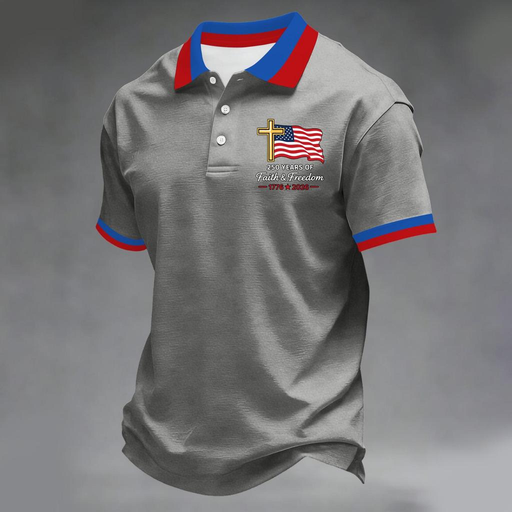 Herren Kurzarm-Polohemd mit Flaggen-Patch und Stickerei Klassische Passform Komfortables Design