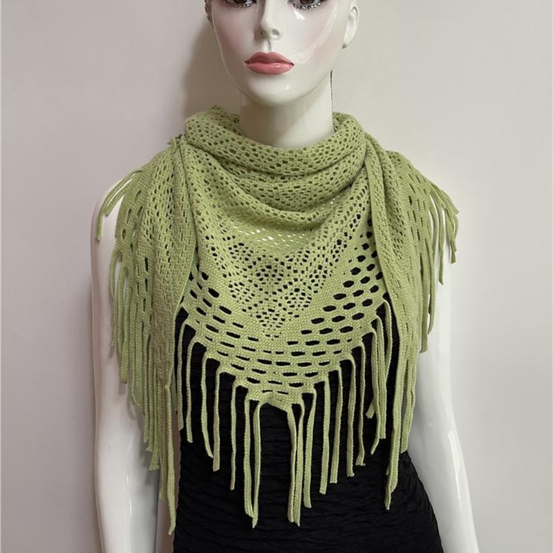 Women's Hollowed Knitted Triangular Scarf Imitation Cashmeres Soft Winter Shawl Wrap Neckerchief Blanket with Fringes