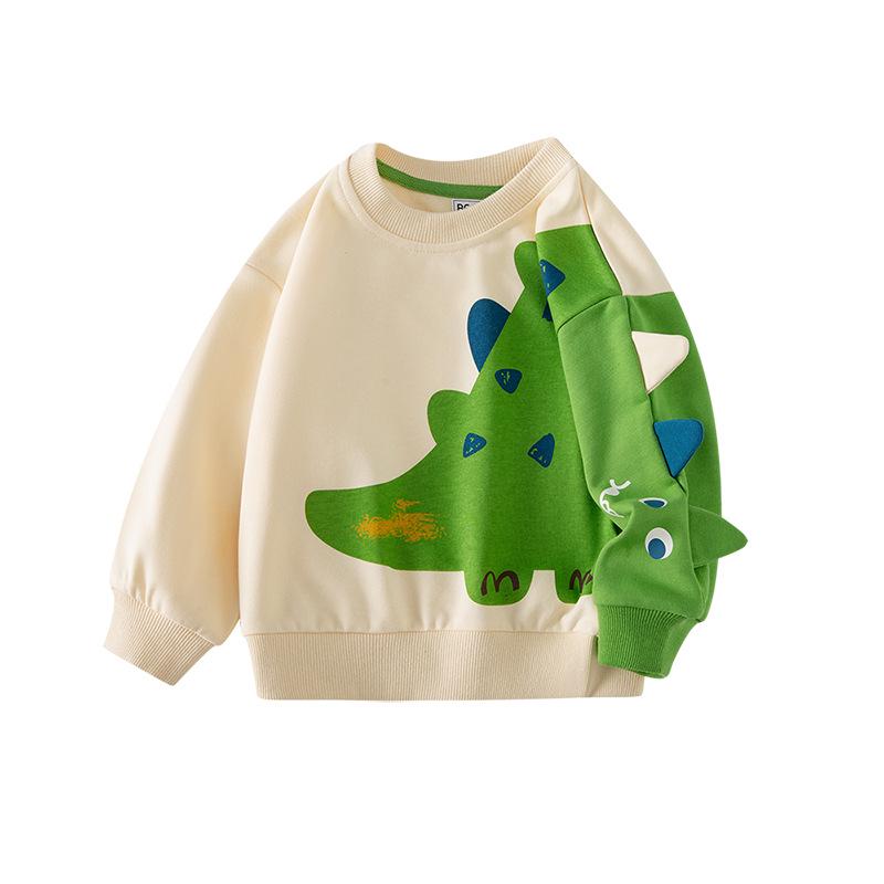Korean Style Boys Dinosaur Sweatshirt - Round Neck, Loose Fit, Small & Medium Sizes, Stylish Letter Pullover.