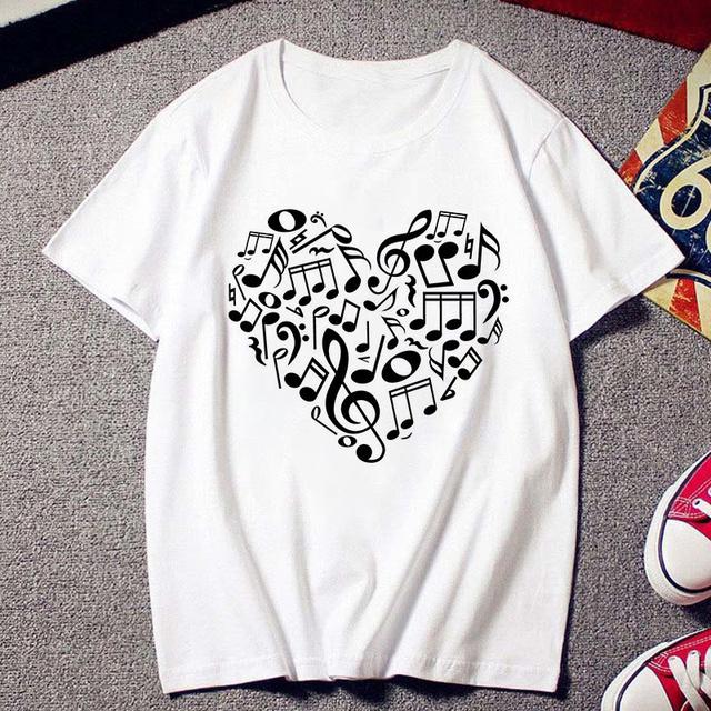 Fashion Creative Musical Note Printed T Shirt Female Harajuku Tshirt Ulzzang Clothes Vintage New White T -Shirt Women Tees Tops