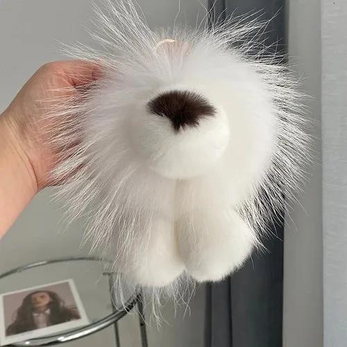 Cute Real Rex Rabbit Fur Simba Lion Bag Charm Car Key Charm Metal Ring Ornaments Kids Birthday Gift 240112