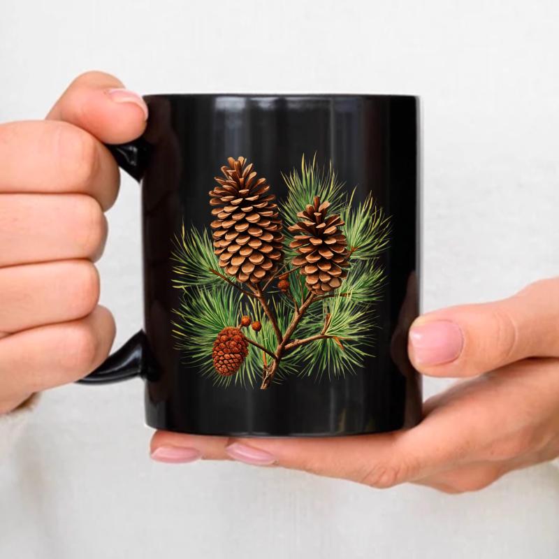 Ceramic coffee mug, black pine cone and pine needle design, suitable for outdoor nature lovers чёрный
