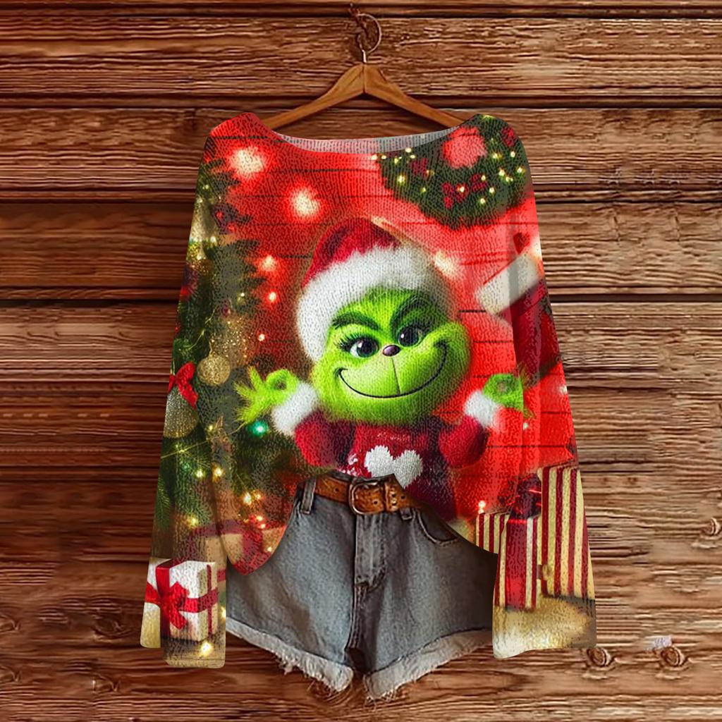 Women's Fashion Round Neck Long Sleeve Christmas Print Casual Knit Pullover Top