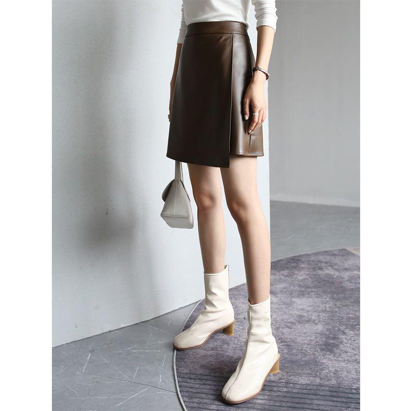 High-Waisted PU Leather A-Line Mini Skirt, Body-Hugging Skirt, Spring/Fall Women's Slit Skirt