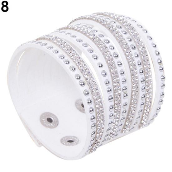 Women's Multilayer Wrap Rivet Rhinestone Suede Cuff Bangle Wristband Bracelet ADM
