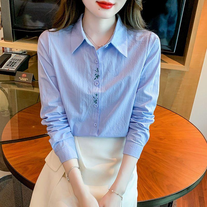 Women's Blue Shirt Autumn New Style Versatile Embroidered White Shirt Long Sleeve Top