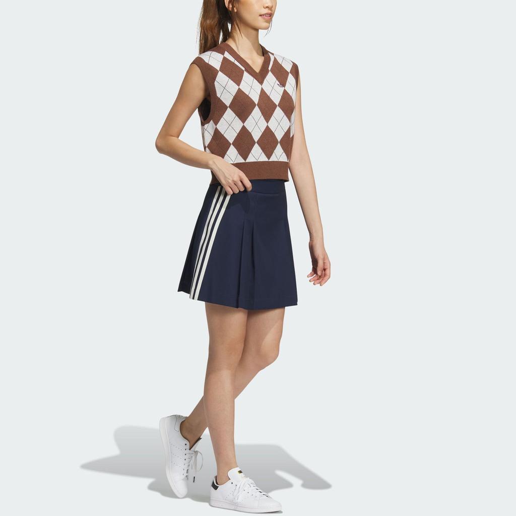 Adidas Originals Plaid Print V-Neck Pullover Sports Vest Women Tops Brown White IX7815