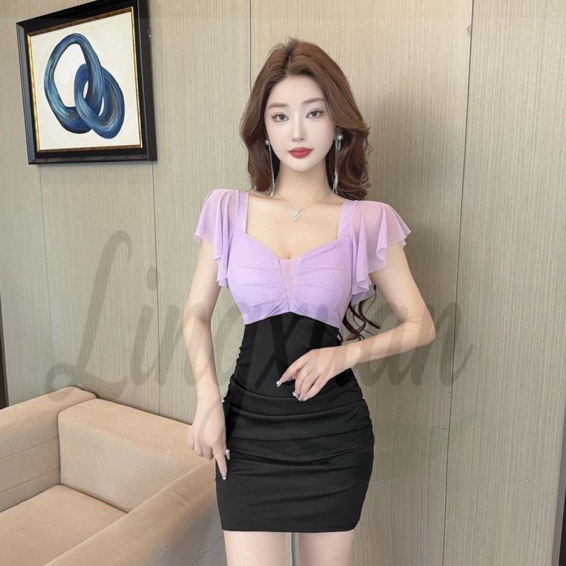 Sultry Color-Block Mesh Bodycon Mini Dress XL