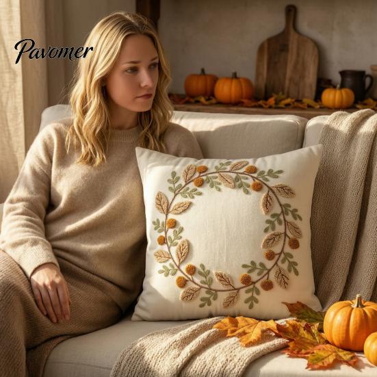 Thanksgiving Throw Pillow Covers Autumn Wreath Cushion Cover, Leaf Embroidery Autumnal Bedroom Accent Cover Case for Sofa Couch Farmhouse Home Decor,