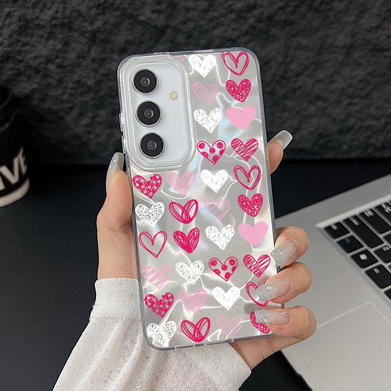 Handyhülle mit Glitzer-Feder-Print und Farbe „Love Hearts“ für Samsung S25 Ultra S24 FE S23 A16 A36 A55 A56 A35 A15, schlanke, stoßfeste PC-Rückseite mit Glitzer