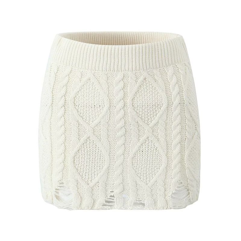 

Monegasque Holiday Pure Desire Sexy Fancy Cable Stitch Ripped Knitting Lazy Sweater + Skirt Two-piece Set Off-White overskirt M