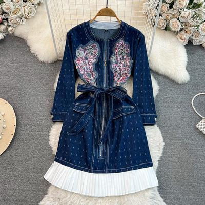 Spring Autumn Retro Fake Two Piece Denim Dress for Women Casual Long Sleeve Jacquard Beaded Loose Knee-length Dress