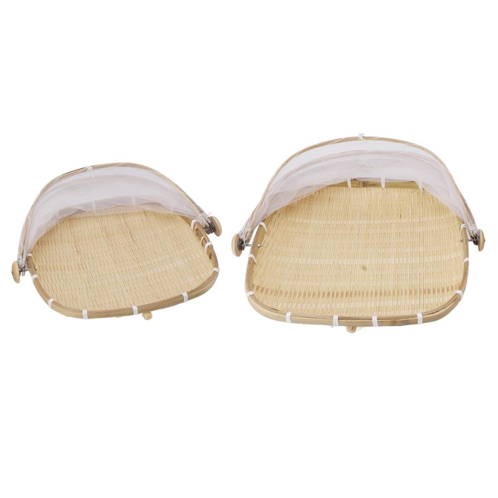 2Pcs Food Serving Tent Basket Fly Skeeter Insect Resistant Bamboo Basket With Dish Mesh Cover