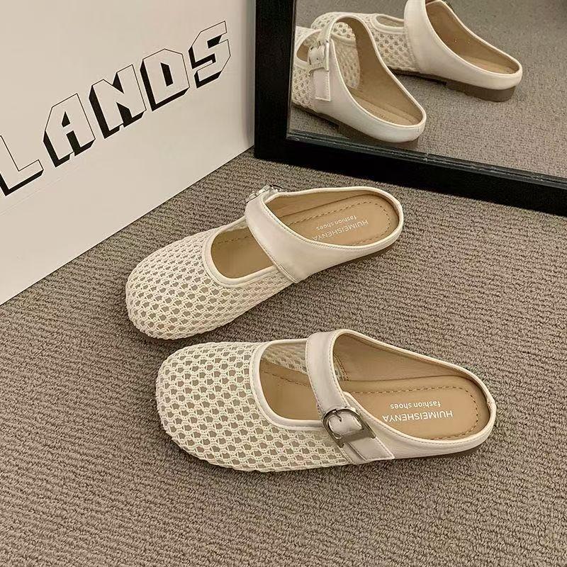 Internet celebrity hollow with skirt bag head slippers 2025 summer new popular flat bottom mesh half drag ins breathable sandals