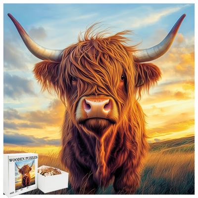 Quadratische Hochlandrinder Holzpuzzle Erwachsene Teller Heimdekoration 3D Unterhaltung Gehirntrainer Spielzeug Puzzles Montessori