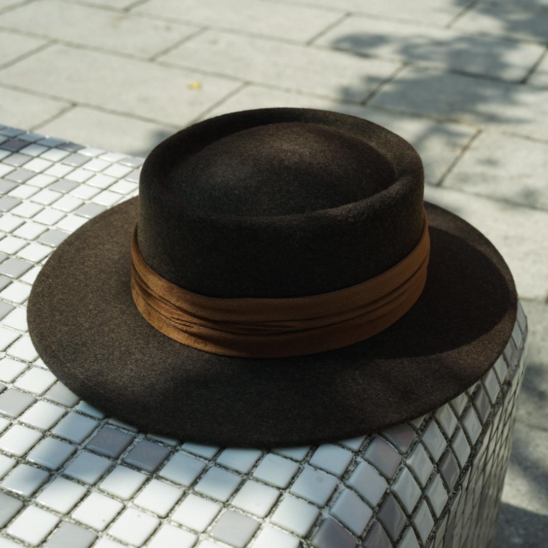 French Retro Brown Felt Hat - Wool Flannel Flat Top Wide Brim Fedora, British Style Mallard Color Winter Hat for Women M 56-58cm