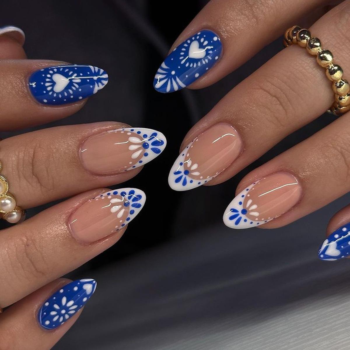 

24 Medium-Long Oval Press-On Nails - White French with Blue Heart Design, Removable