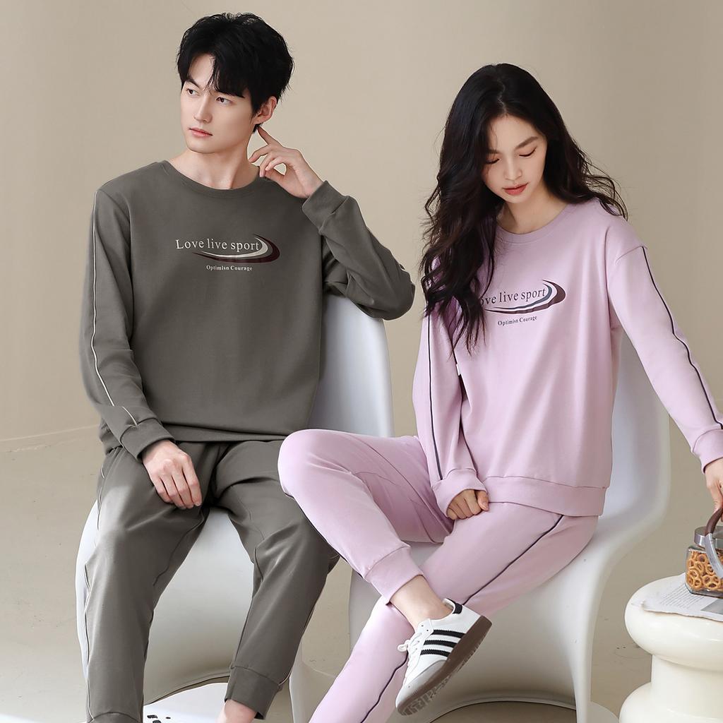 Couple pajamas spring and autumn long-sleeved pure cotton simple fashion casual men and women can wear sports loungewear suit in autumn