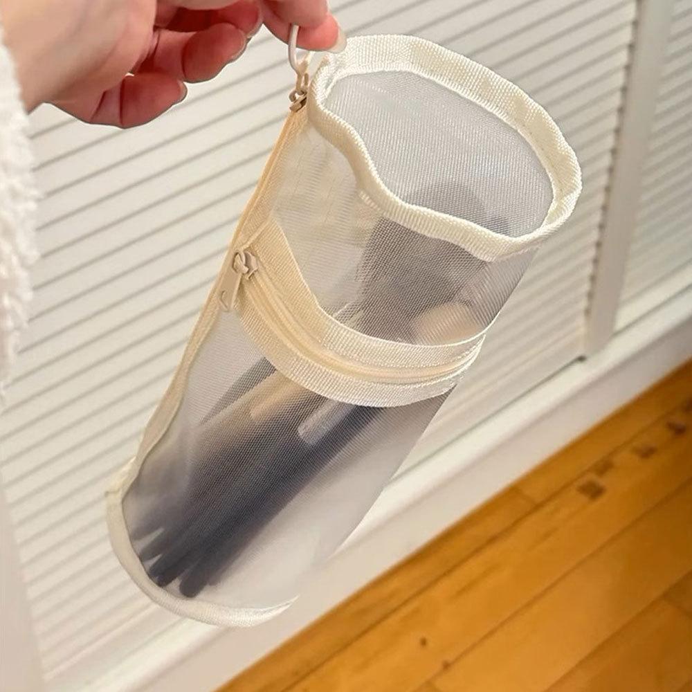 Portable Makeup Brush Storage Bag Mesh Dual-use Brush Case Simple Large Capacity Brush Bucket Holder Travel Stand-up Pouch бежевый