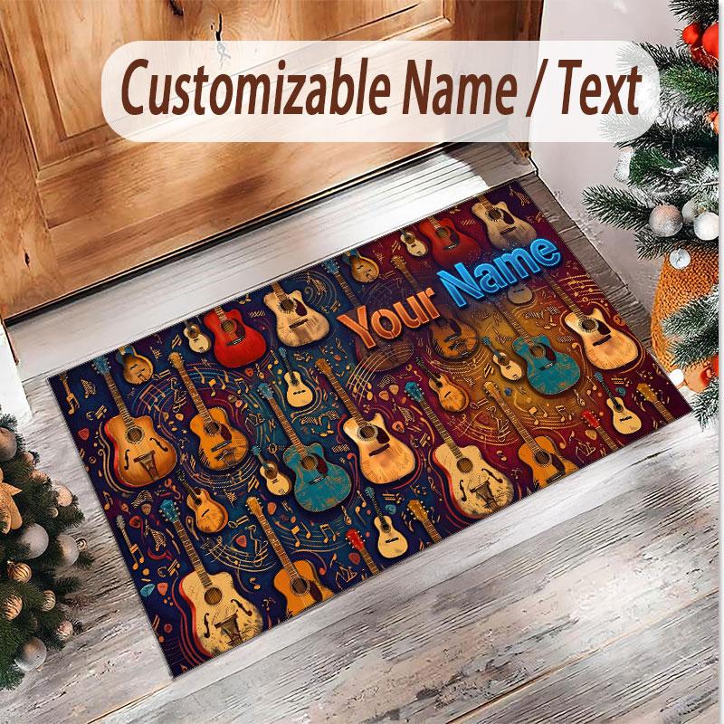 Music Guitar Theme Soft Crystal Velvet Rug Custom Name & Text Print Non Slip Floor Rug for Bedroom Living Room