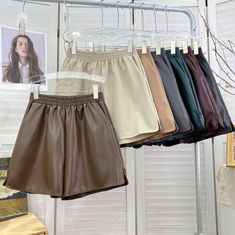 Plus Size Women's Elastic Waist PU Leather Wide Leg Shorts - Fashionable, Slimming, Versatile, with Small Slit