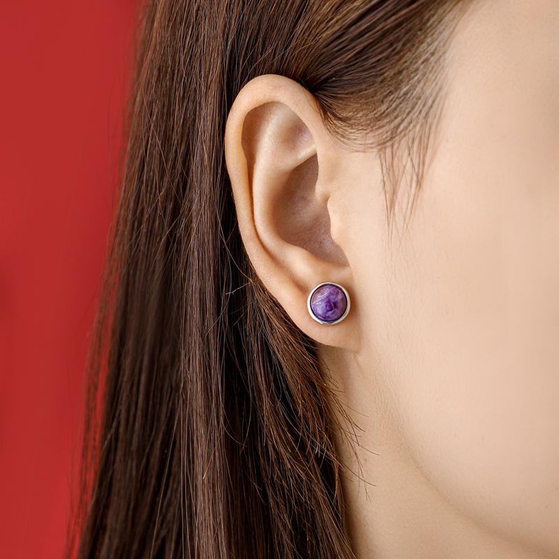 Cercei din Argint S925 cu Cristal Violet Dragon Charoit - Design Elegant cu Gemă Rotundă de 6.5mm pentru Femei