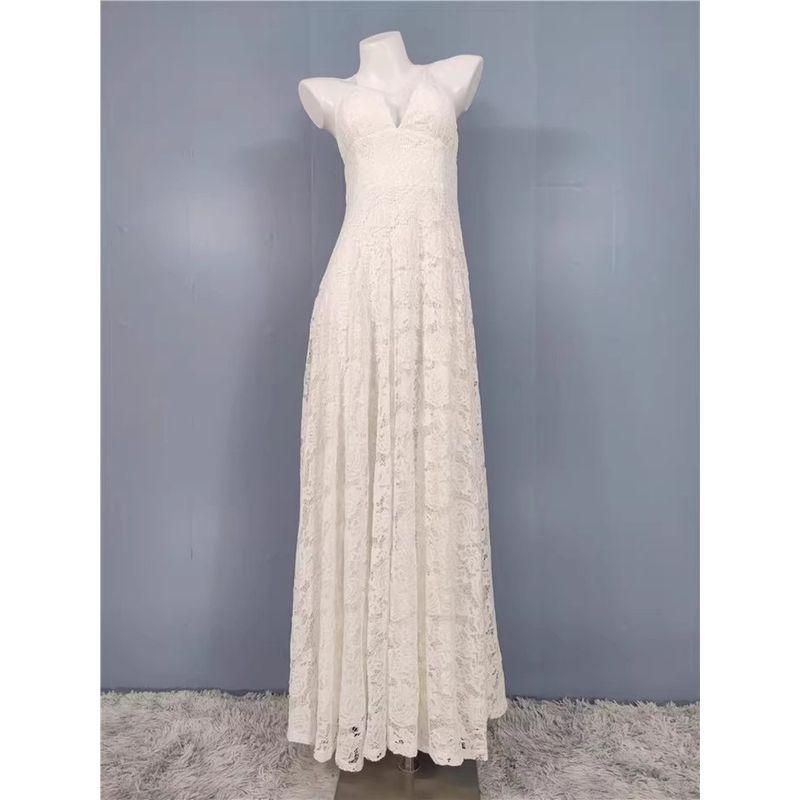 Foreign Trade Lujia Heavy Industry Lace Sling Sexy V-neck Slim fit Slimming Light Wedding Dress Split Island Trip Shoot Dress