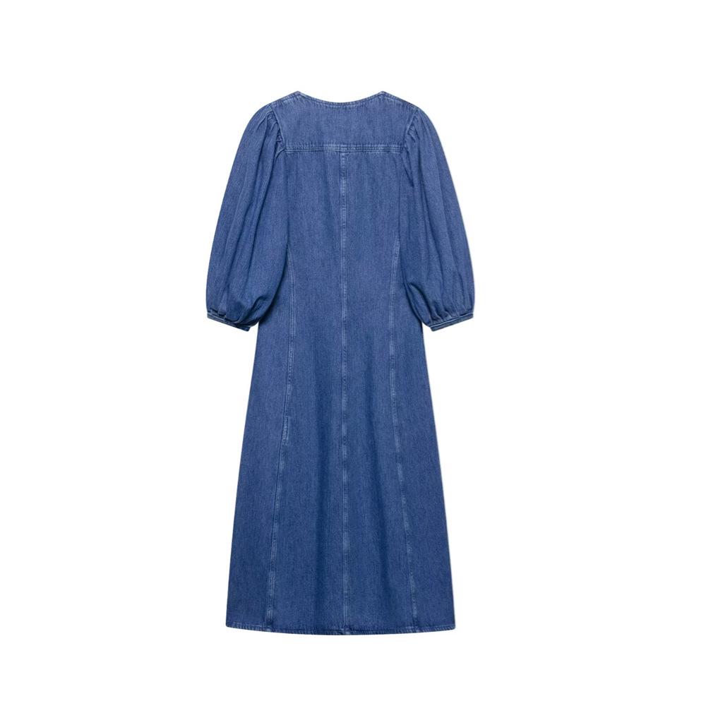 Spring/Summer 2025 Women's Elegant Round Neck Washed Denim Dress
