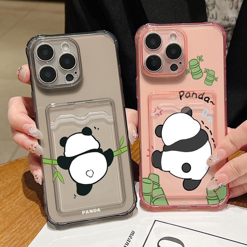 Card Slot Pocket Clear TPU Case For iPhone 17 16 Pro 17e 16e 15 14 13 12 Pro Max 11 Cartoon Panda Soft Silicone Phone Back Cover